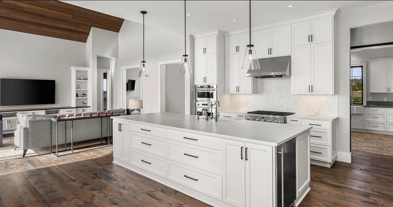 Large kitchen island and range detailed in a Wasatch County home